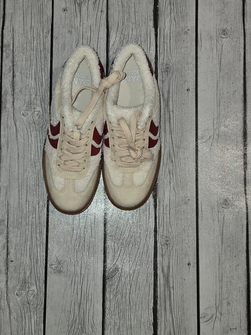Madden NYC Women's Faux Cream & Red Shearling Platform Sneakers Size 7 - Picture 2 of 3